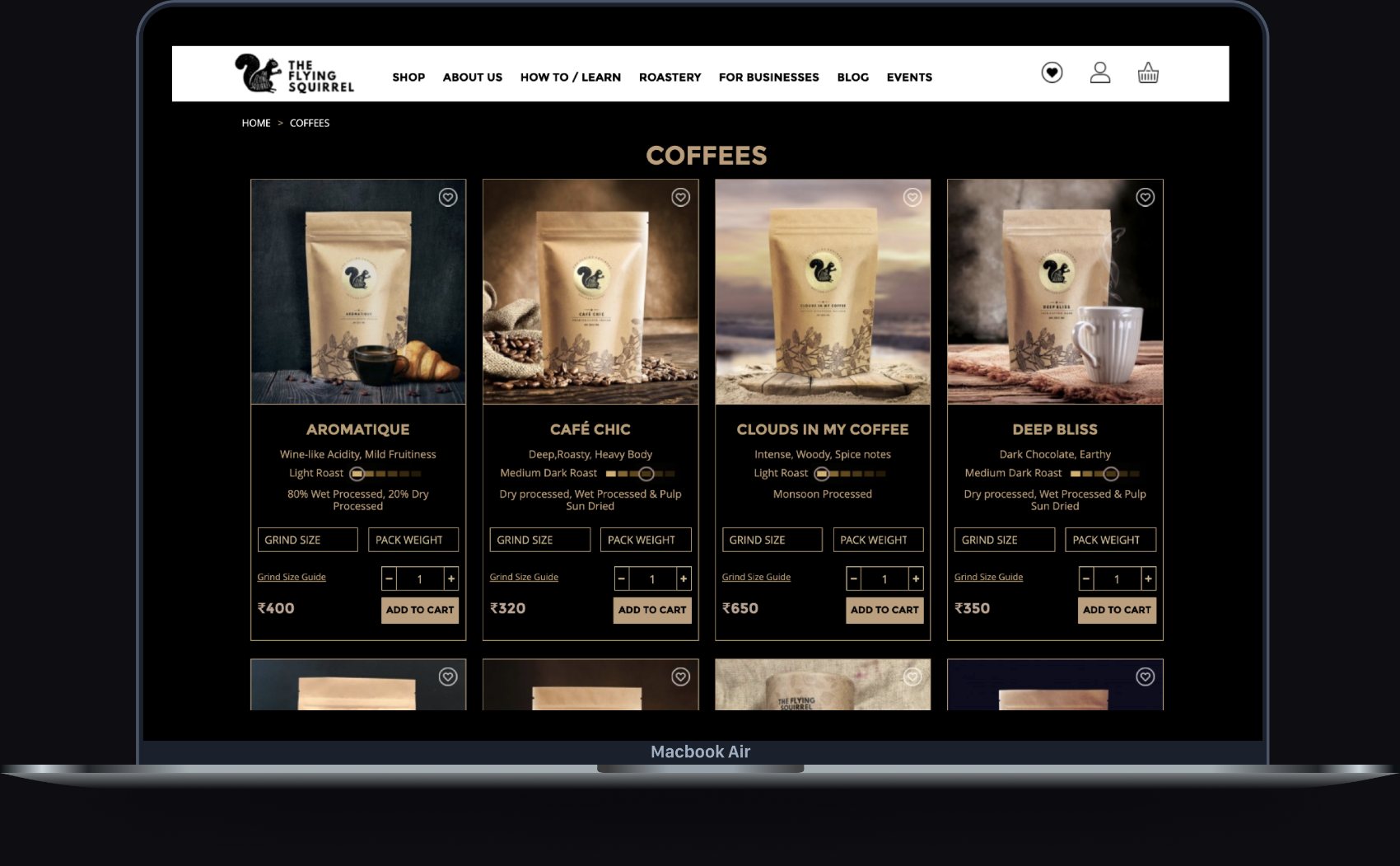 Redesigned coffees listing page shown on a laptop — dark theme product grid