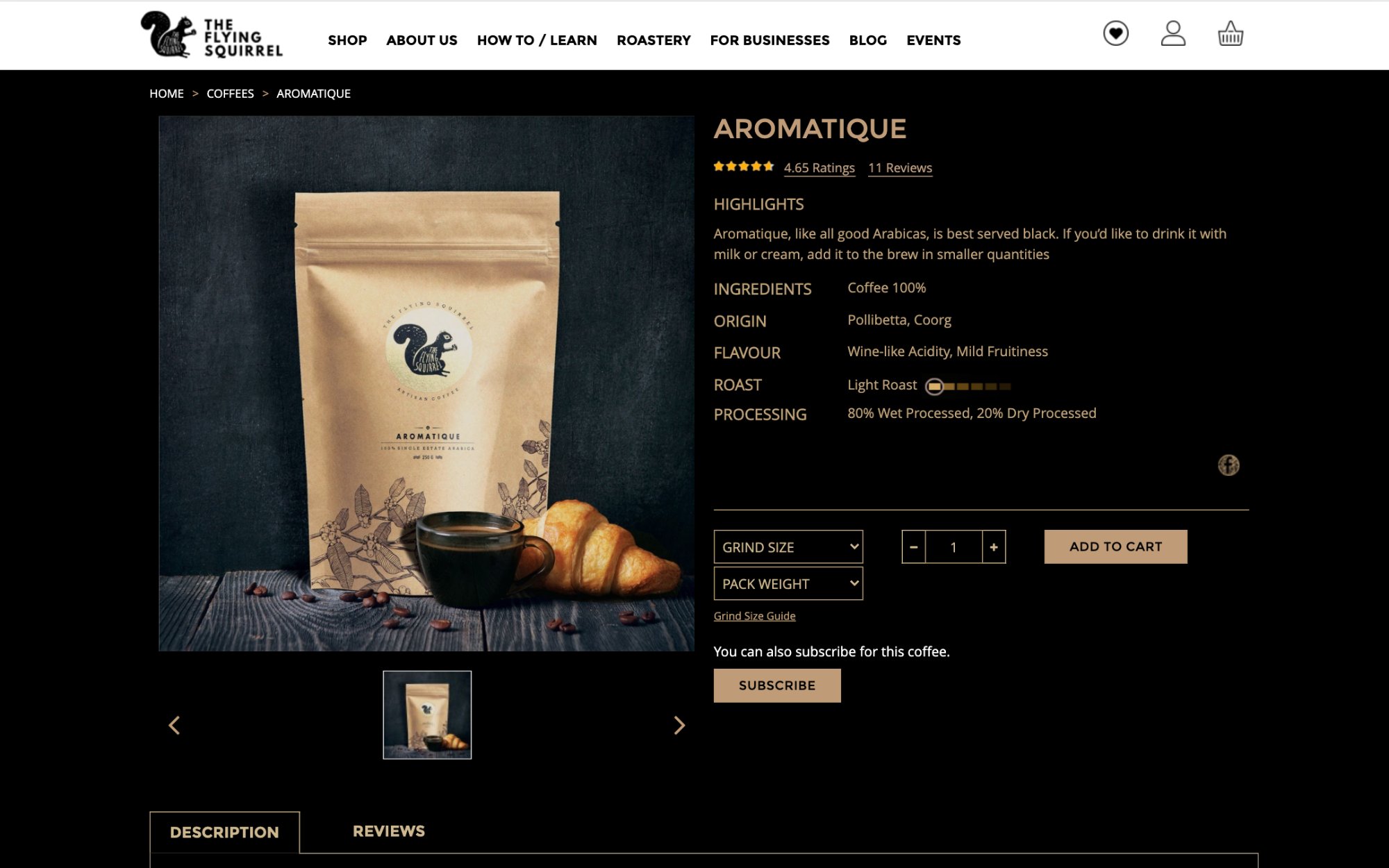 Redesigned coffee details page for Aromatique — dark desktop layout with characteristics and customization