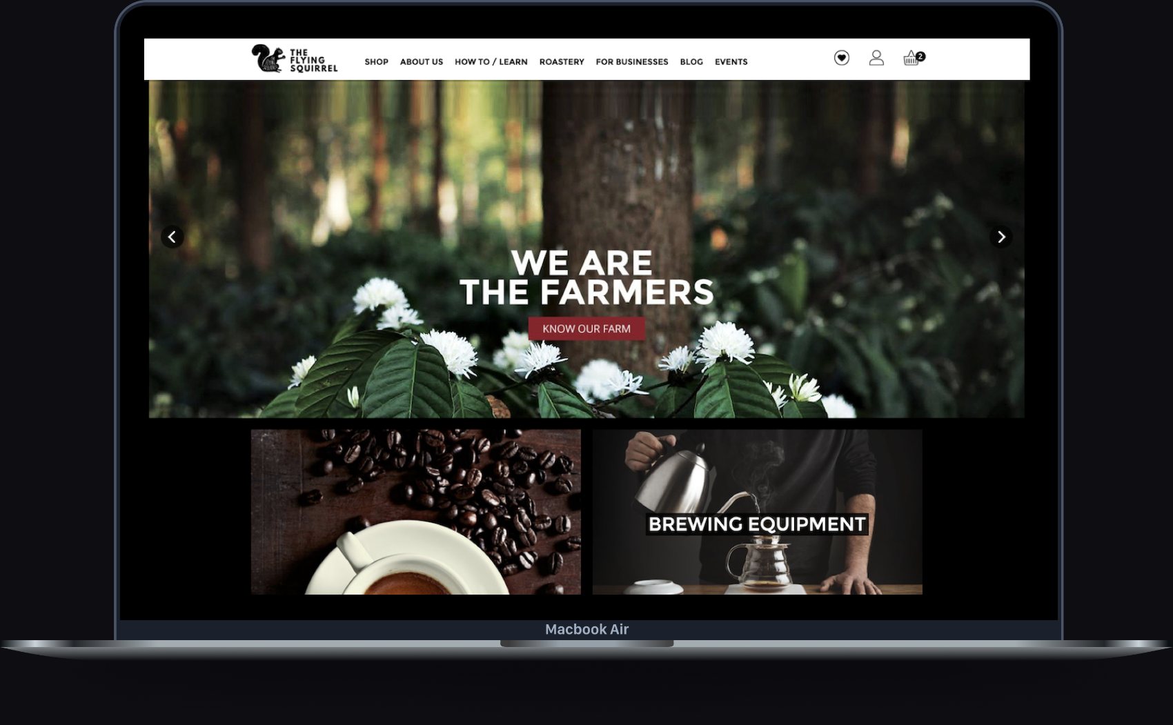 The Flying Squirrel Coffee redesigned homepage shown on a laptop — 'We are the farmers' hero