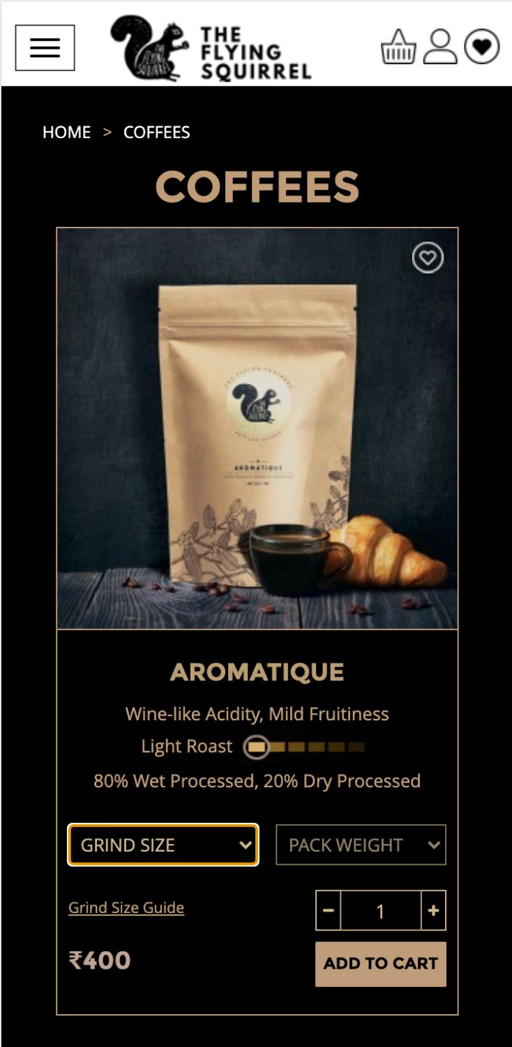 Mobile coffees page, gold-on-black
