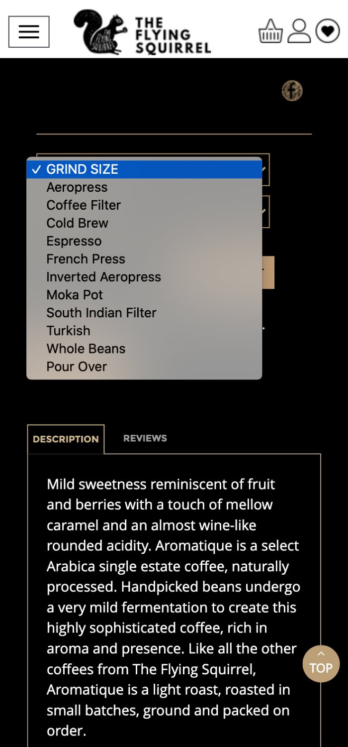Mobile product page with grind-size dropdown open