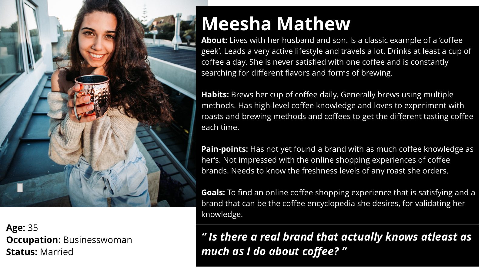 Persona — Meesha Mathew, businesswoman, 35, knowledgeable repeat buyer