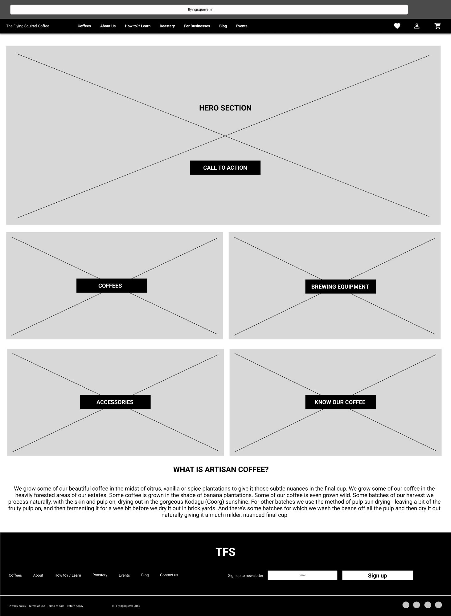 Mid-fidelity wireframe of the homepage