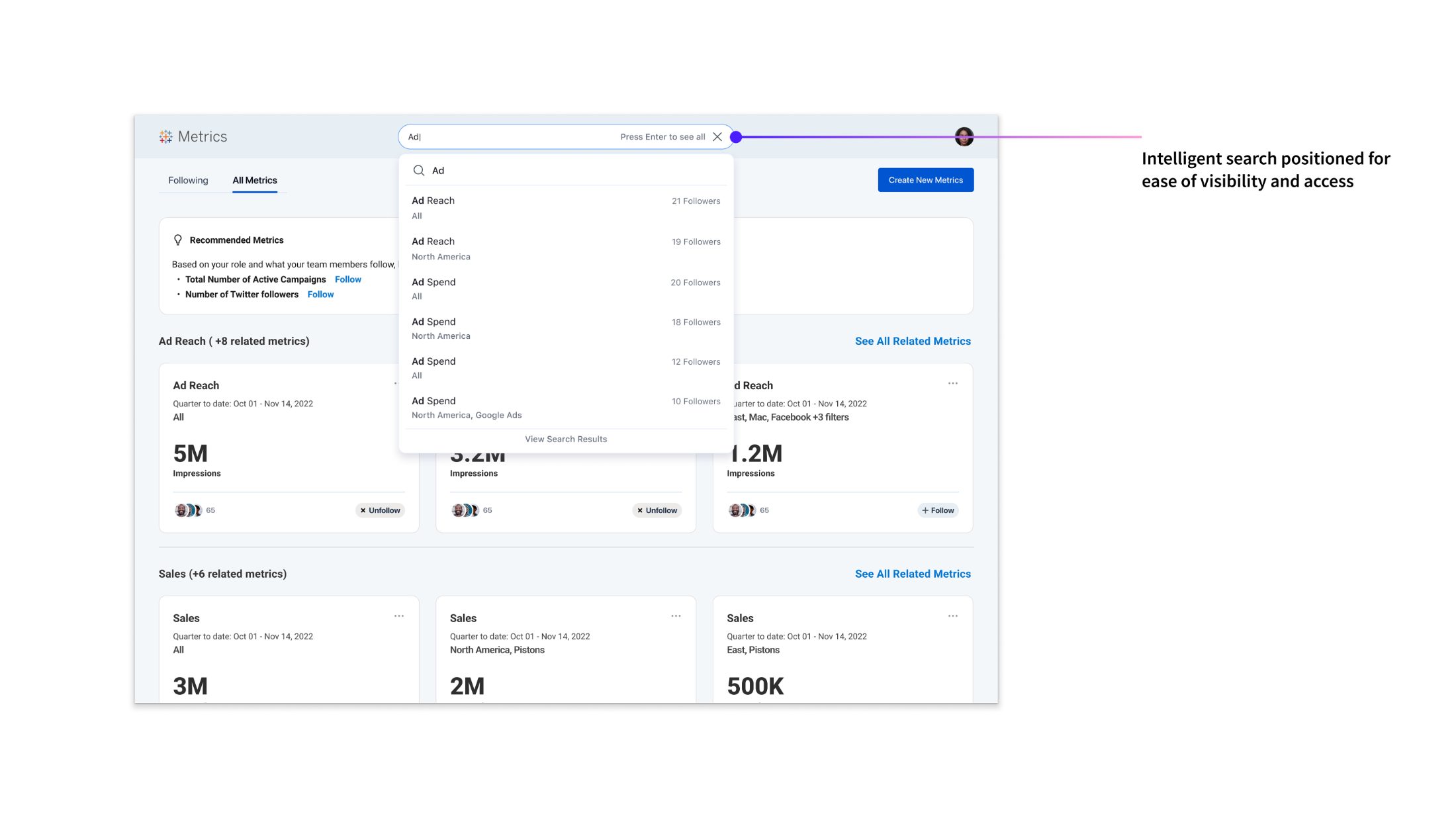 Tableau Pulse search typeahead — as the user types 'Ad', a dropdown surfaces matching metrics like Ad Reach and Ad Spend with follower counts as social-proof signals