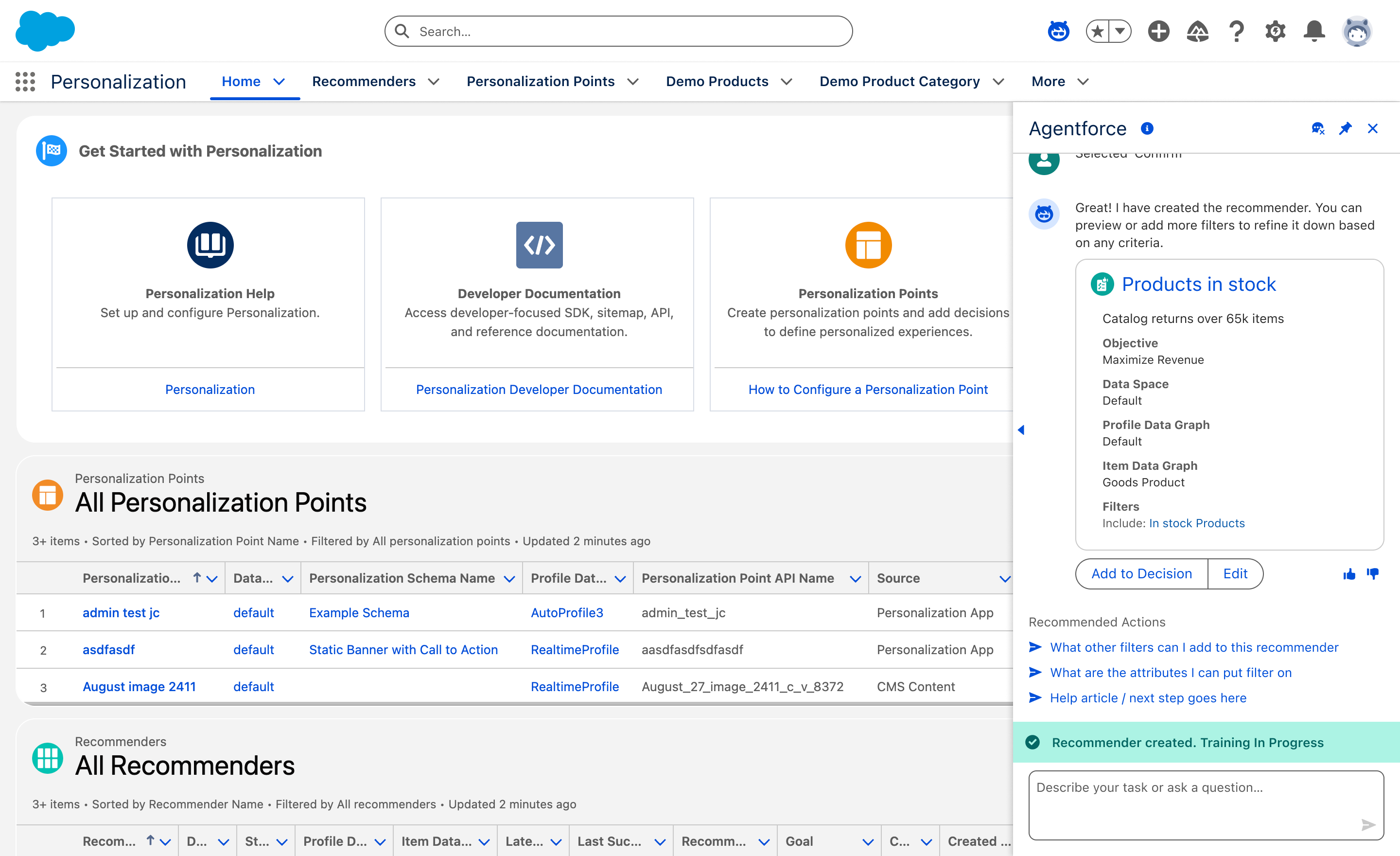 Agentforce panel docked beside the Personalization home page, showing a created recommender summary card with objective, data graphs, and filters, plus recommended next actions