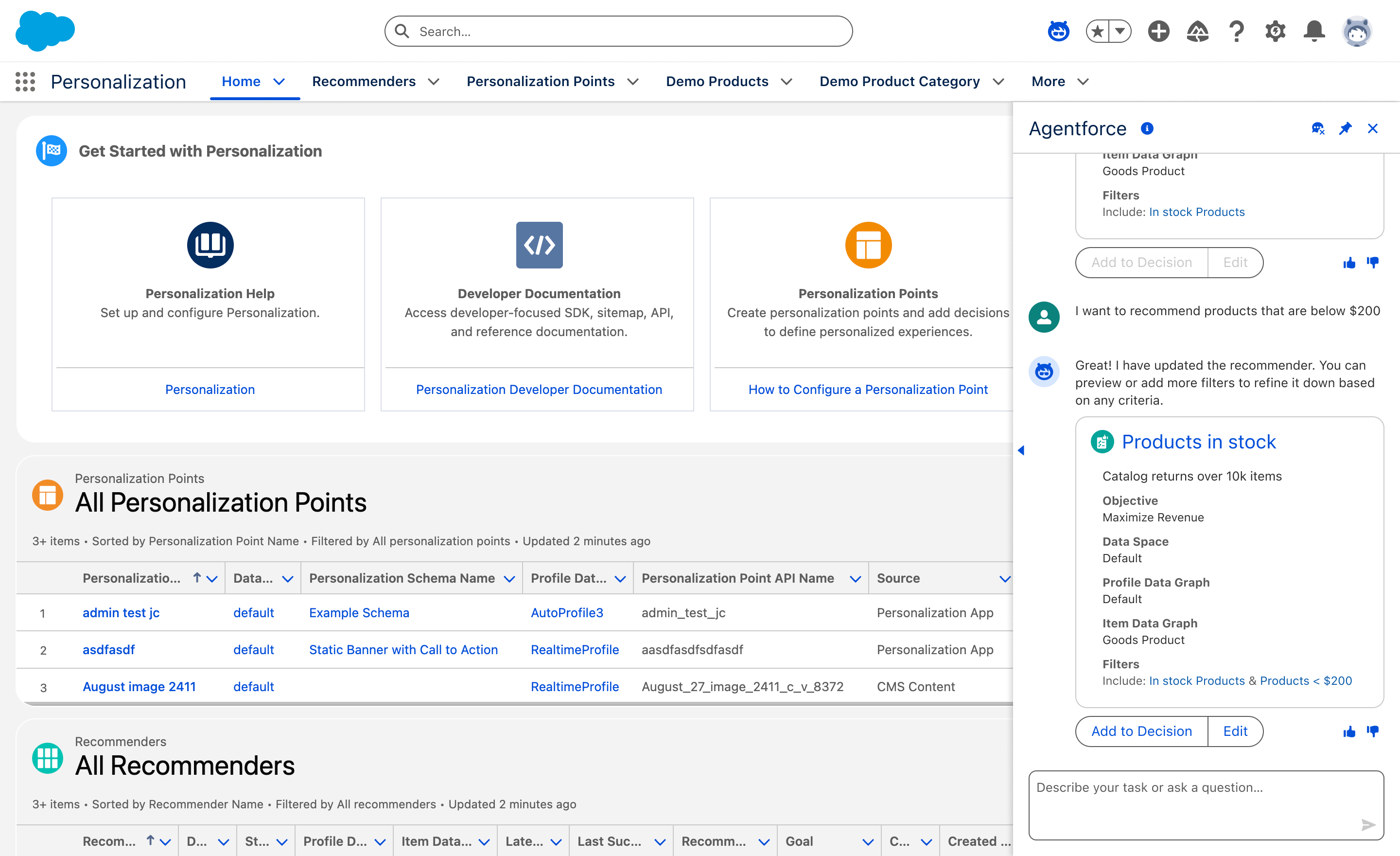 The same panel after a follow-up request, showing the recommender summary updated with an additional price filter and a lower catalog count