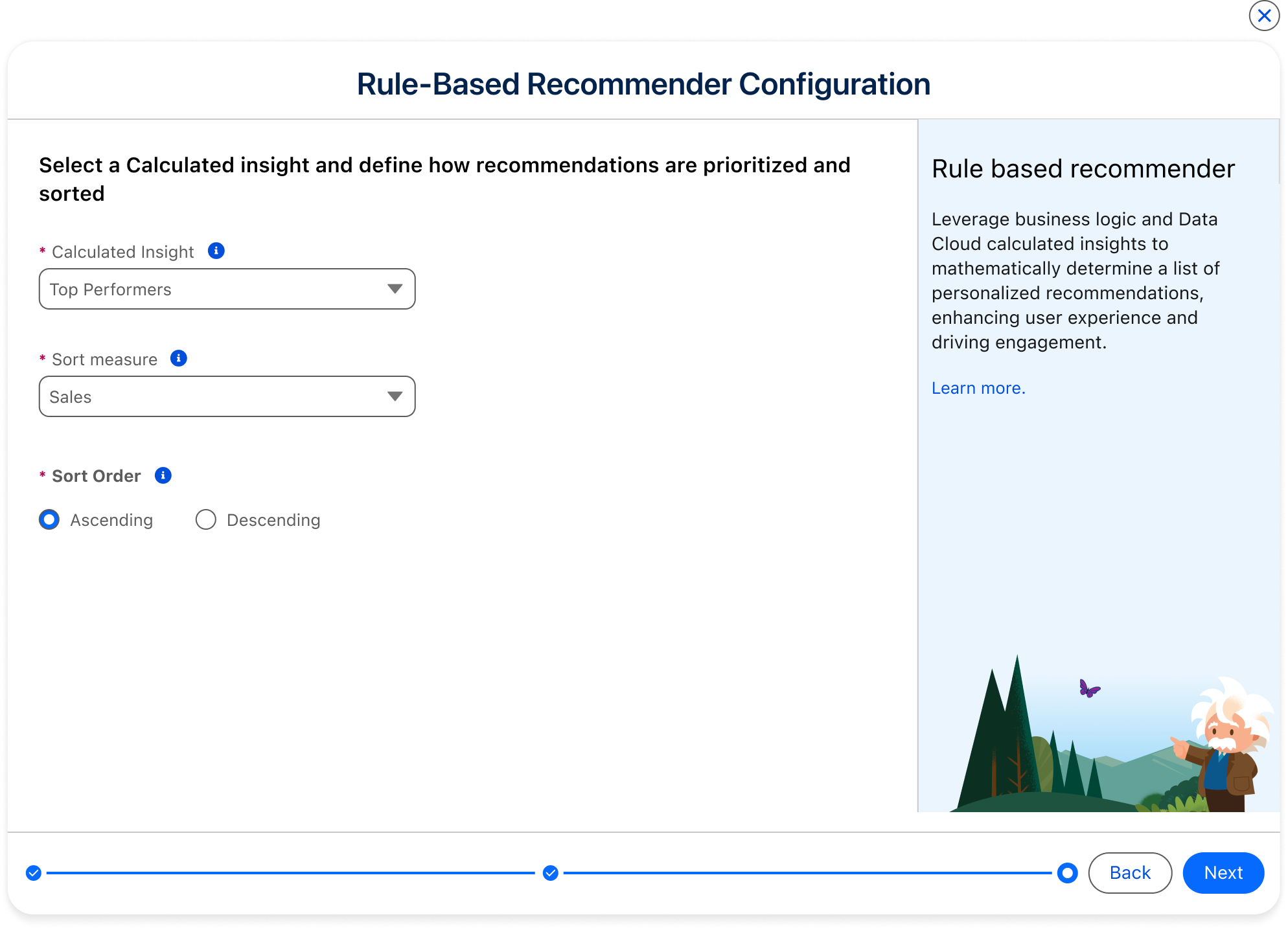 Rule-Based Recommender Configuration modal — Calculated Insight, Sort measure, and Sort Order fields with a help panel on the right