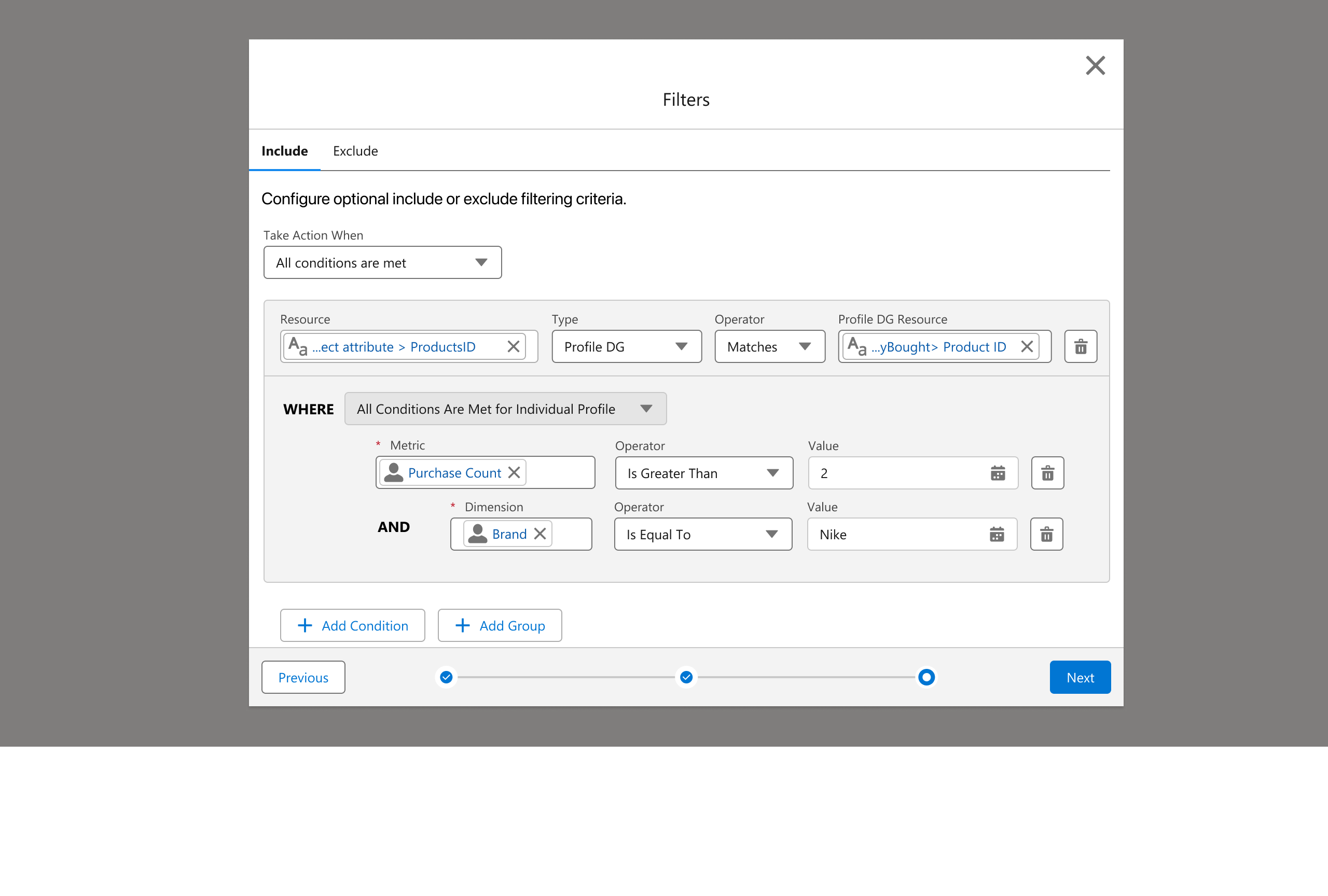 Filters modal — Include/Exclude tabs with nested resource, type, operator rows and a WHERE clause containing metric and dimension conditions