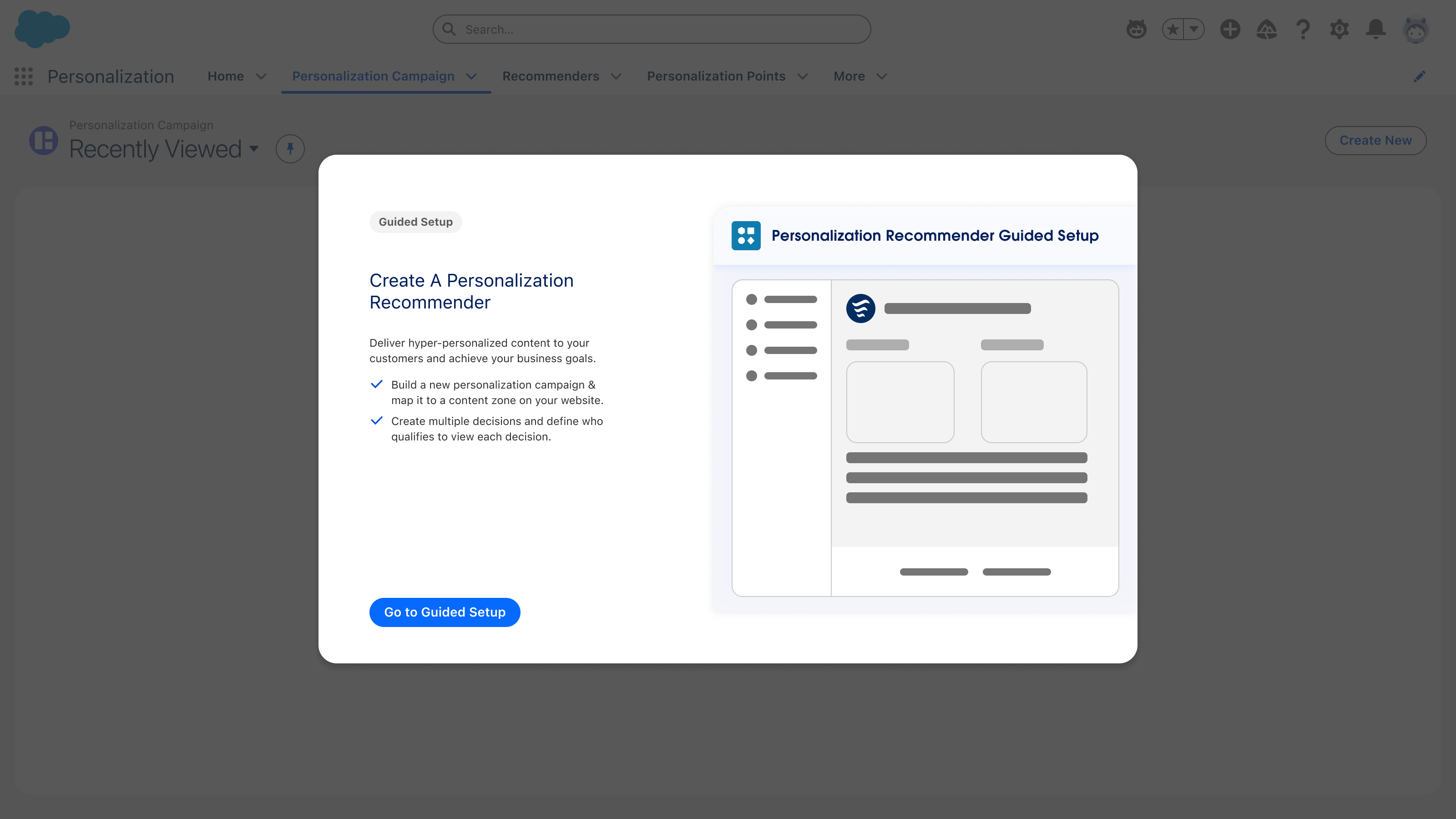 Guided setup entry modal explaining what a personalization recommender does