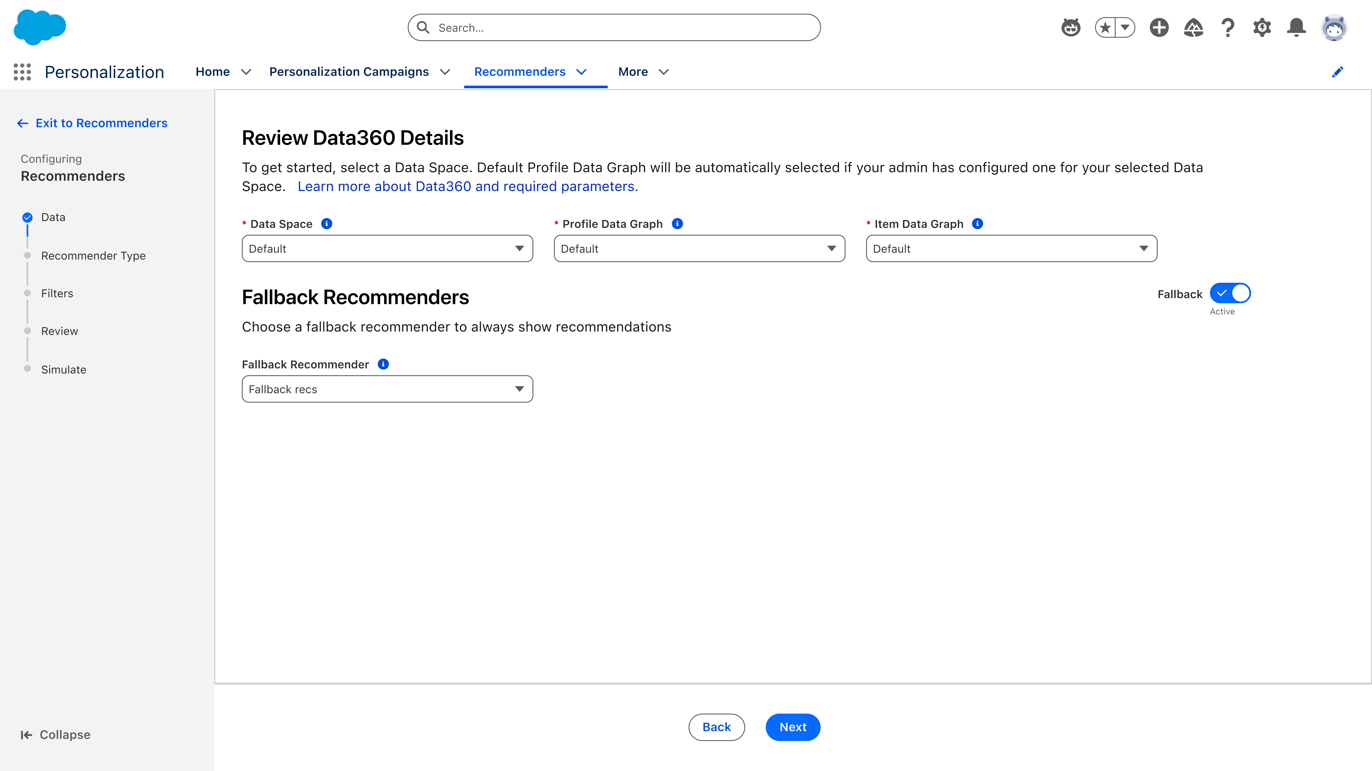 Data step — Data Space, Profile Data Graph, Item Data Graph, and a fallback recommender toggle