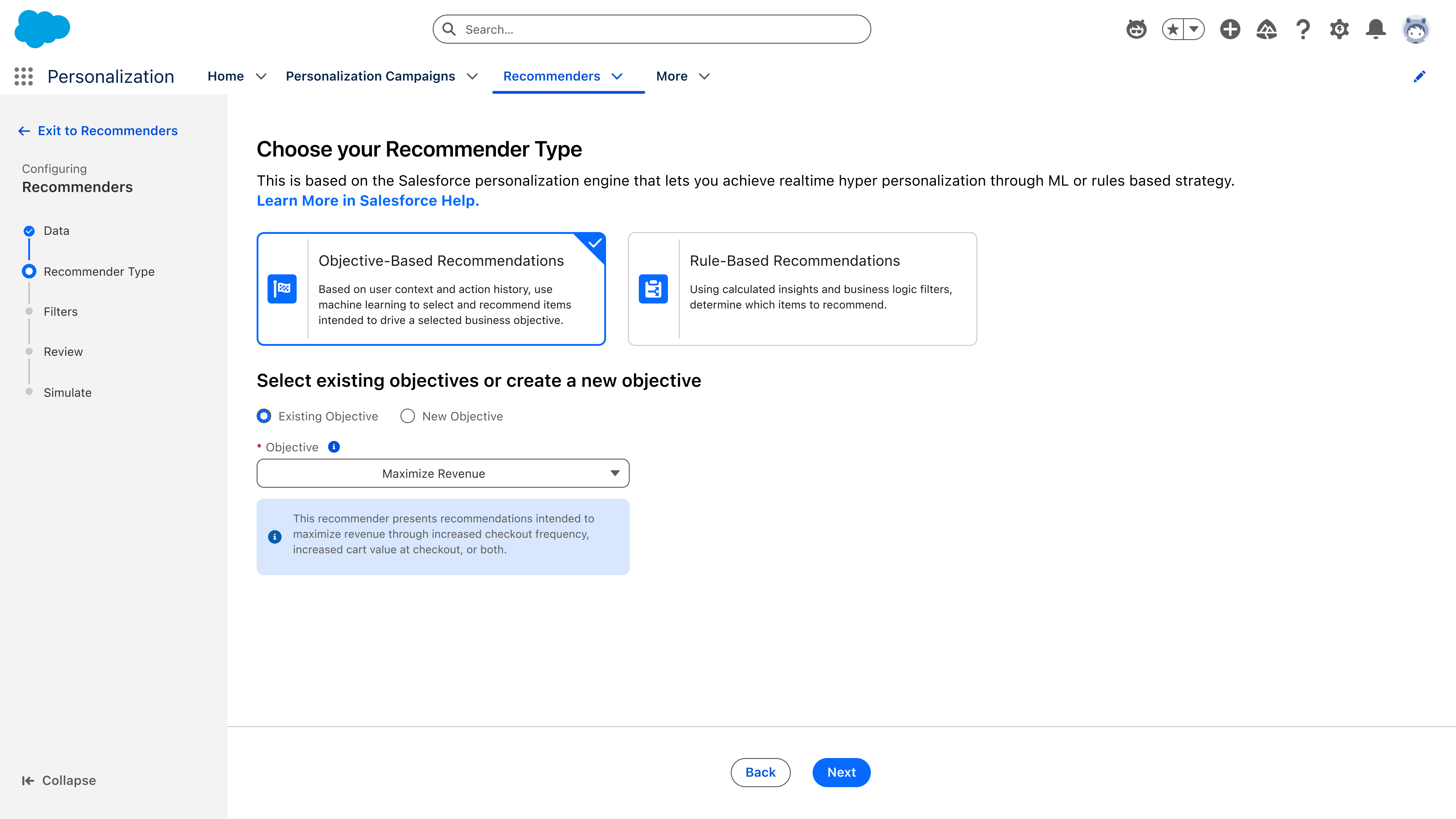 Objective-Based selected, revealing an objective picker set to Maximize Revenue with an explanatory callout