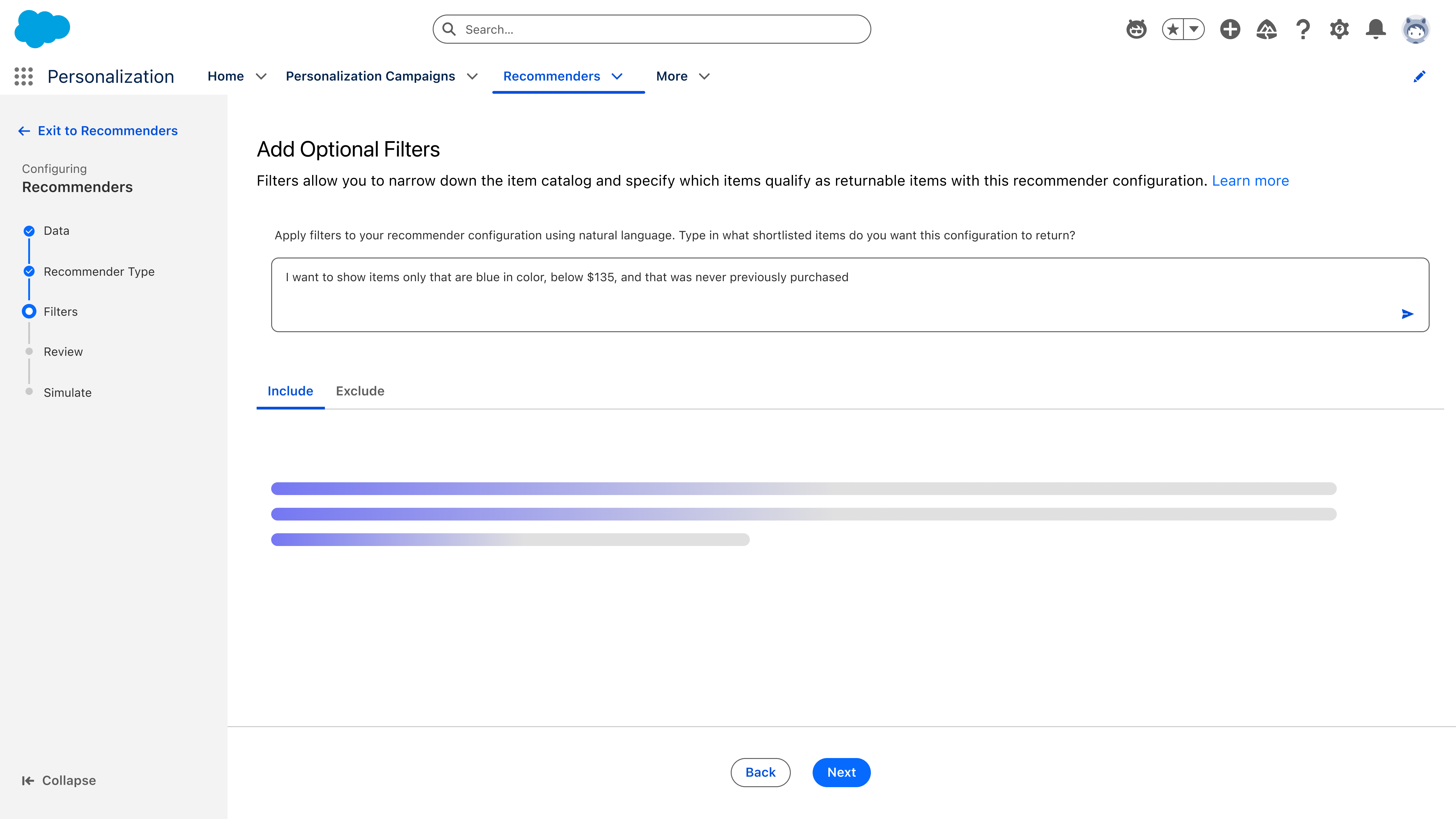 A typed natural-language filter request with the builder showing a generating state