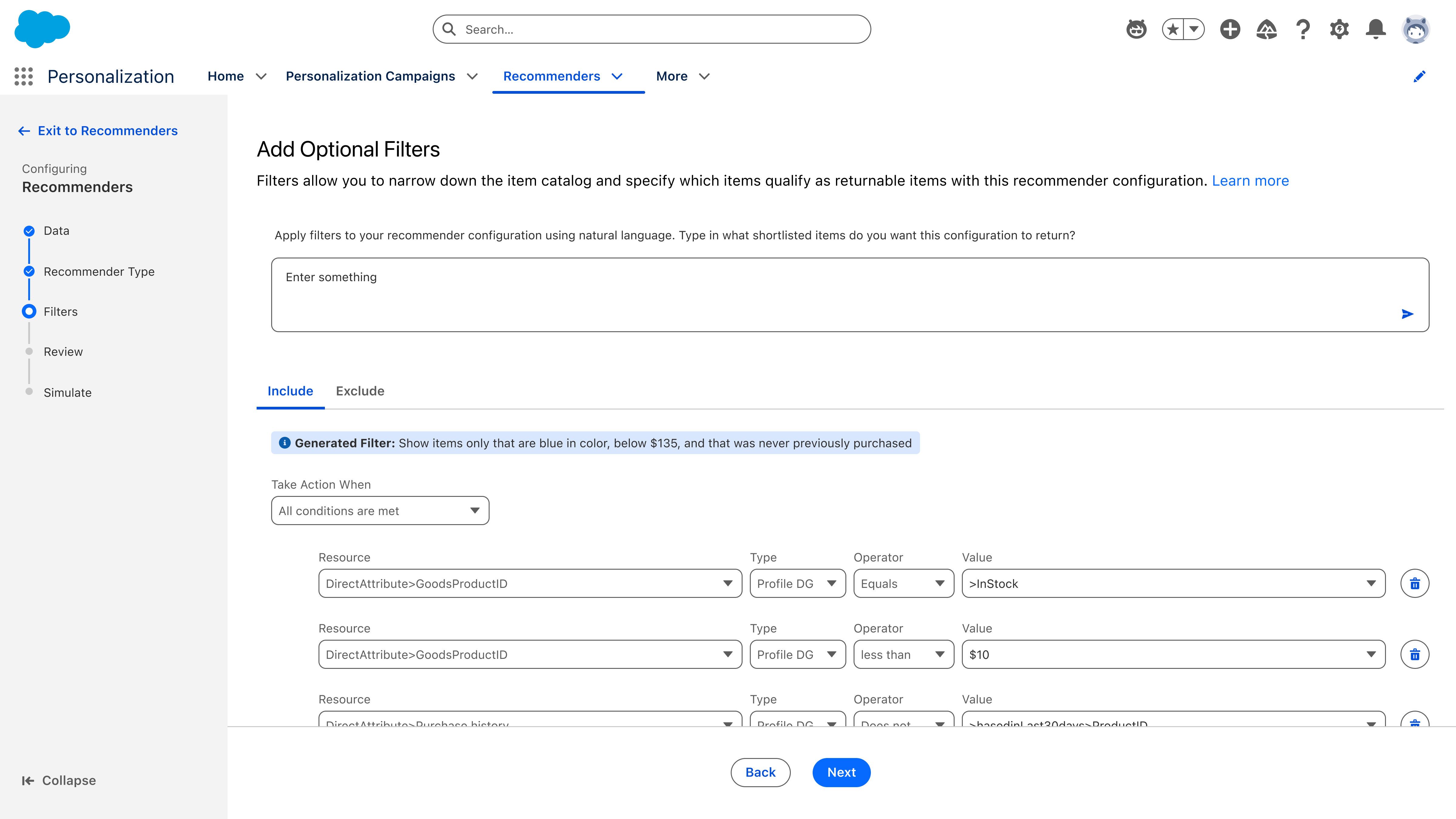 The generated filter rendered as three editable Resource / Type / Operator / Value rows