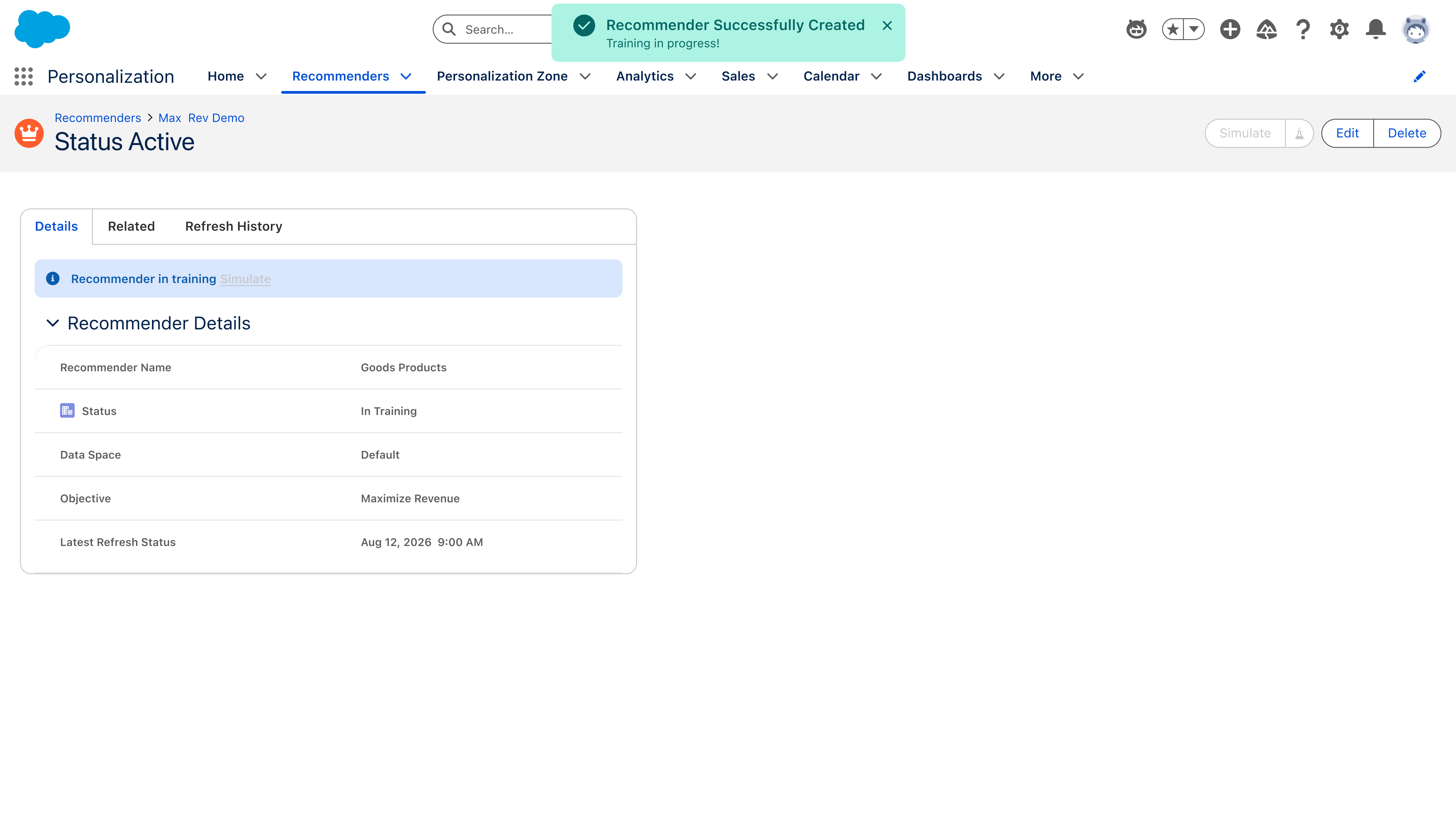 Recommender detail page showing status In Training with the Simulate action disabled
