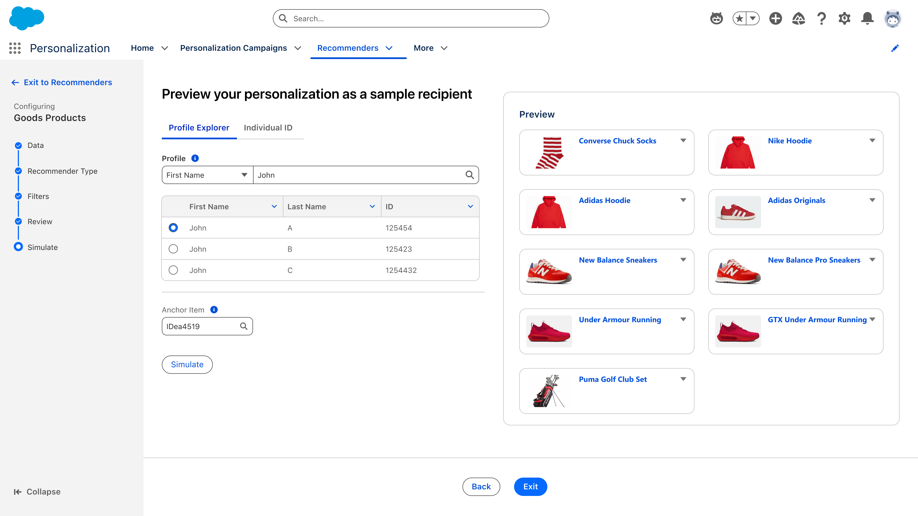 Simulate step of the recommender setup — profile explorer on the left, live recommendation preview on the right