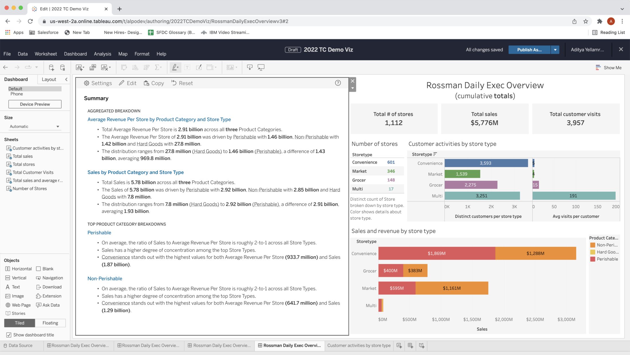 Data Stories — NLG narrative summary integrated next to Tableau visualizations on a Rossman Daily Exec Overview dashboard